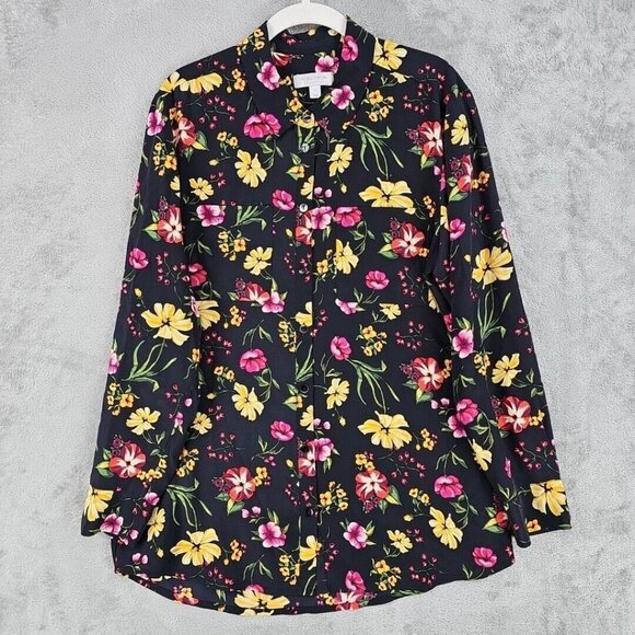 Nordstrom Collection Shirt Womens Size S 100% Silk Black Floral Button-Up Tunic - Picture 1 of 7